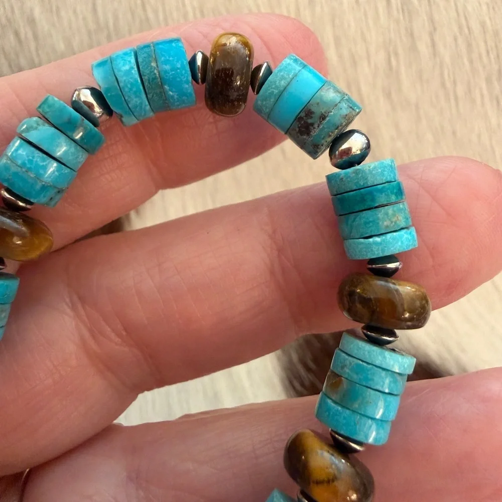 ❤️ 925 Desert Pearl Saucers Kingman Blue Turquoise Tigers Eye Bracelet 6.75+75”L